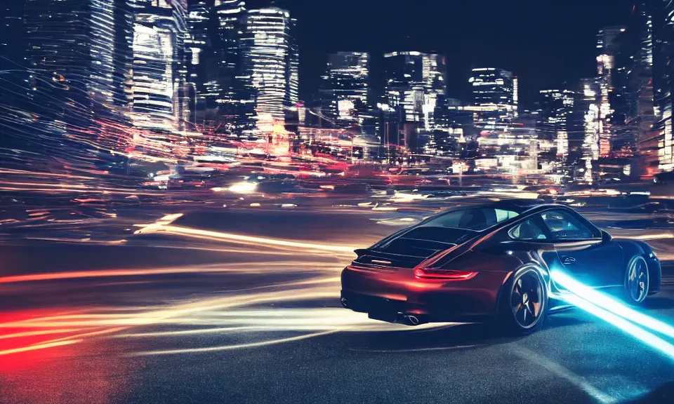 Prompt: photo of a porsche 911 at night driving fast through a city, cinematic, 4k, long exposure photography, tokyo drift, fast and furious, film still, night photography, motion blur, lens flare, movie shot, light trail