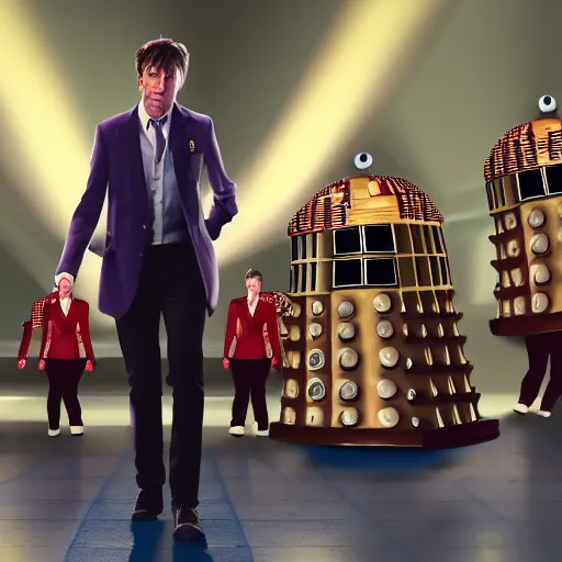 Image similar to the tenth Doctor Who at a polka dancing contest at the YMCA basketball gym, everyone in the background clapping including a Dalek, the Tardis in the background door is open, cgsociety, artstation, UE5, 8K, 4K, HQ