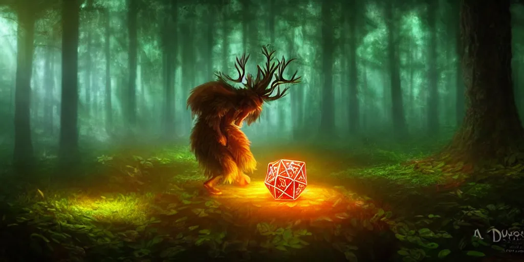 Prompt: a curious, mythical forest spirit rolling a six - sided dice, d 6 dice, glowing energy, fantasy magic, by willian murai and jason chan, fantasy, dramatic lighting, golden ratio, sharp focus