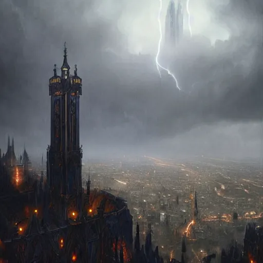 Image similar to an ultra detailed tarot card of a lonely and impossibly tall ominous gothic dark tower elevated high above the city, in a river elevated high above the city, fantasy capital city, ultrawide lense, aerial photography, scary thunderstorm, light fog, volumetric lighting, exquisite detail, 8 k, art by greg rutkowski and alphonse mucha