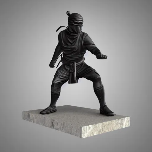 Prompt: 3 d rendering of marble statue of ninja wearing full face mask and hunter hat, combat suit, technological, all marble