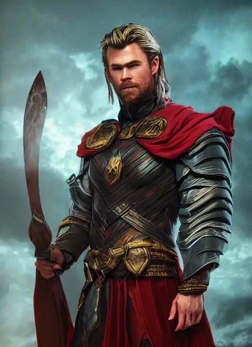 Image similar to A fantasy comic book style portrait painting of Chris Hemsworth as a Warrior Sorcerer in dark castle setting, unreal 5, DAZ, hyperrealistic, octane render, RPG portrait, dynamic lighting