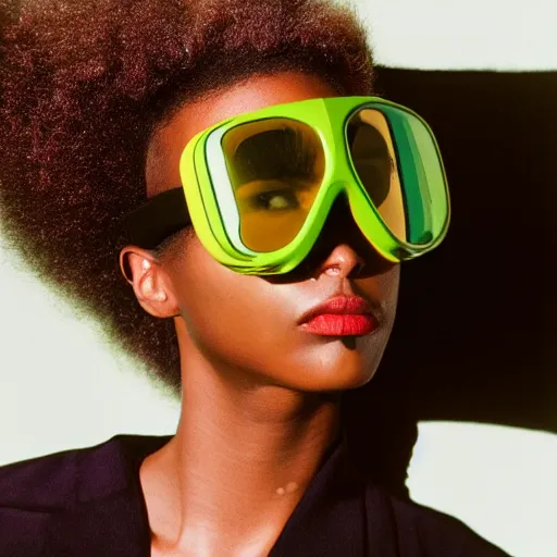 Prompt: realistic photoshooting for a new balenciaga lookbook, color film photography, portrait of a beautiful woman, model is wearing sski goggles in style of Tyler Mitchell, 35mm,