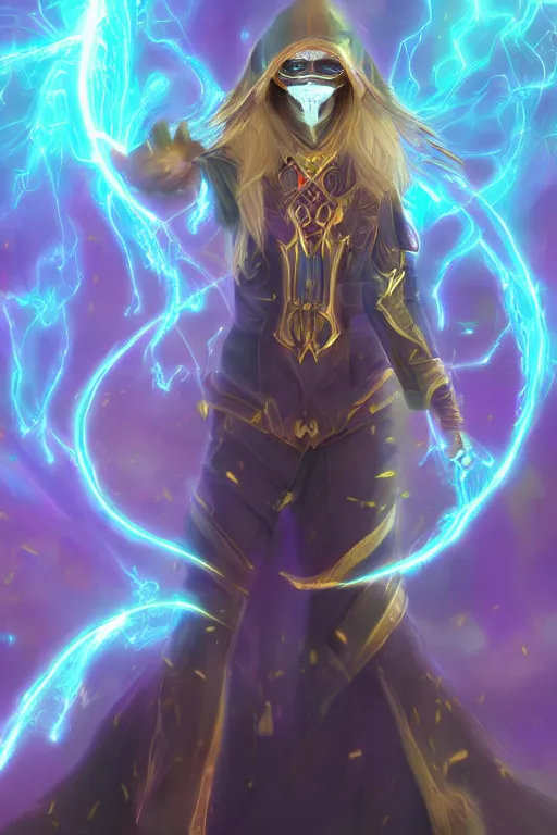 Image similar to beautiful masked mage, lightning and holograms, fantasy, magic, digital art, trending on artstation, professional illustration, ultra detailed, celshaded, burst of power, boss fight