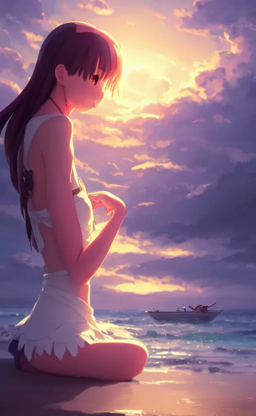 Prompt: front portrait of cute girl hugging a white swan, sunset sky in background, beach landscape, illustration concept art anime key visual trending pixiv fanbox by wlop and greg rutkowski and makoto shinkai and studio ghibli and kyoto animation, futuristic wheelchair, symmetrical facial features, backlit