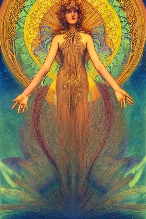Image similar to beautiful goddess of space and dreams by maxfield parrish, mandala, coherent design, symmetrical, vivid colors, digital watercolor ink illustration painting, complementary color, golden ratio, detailed, sharp lines, sharp focus, intricate, rainbowshift, artgerm, gustave dore, alphonse mucha, octane render