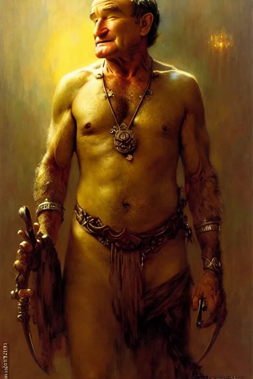 Image similar to robin williams the philosopher by gaston bussiere, bayard wu, greg rutkowski, giger, maxim verehin