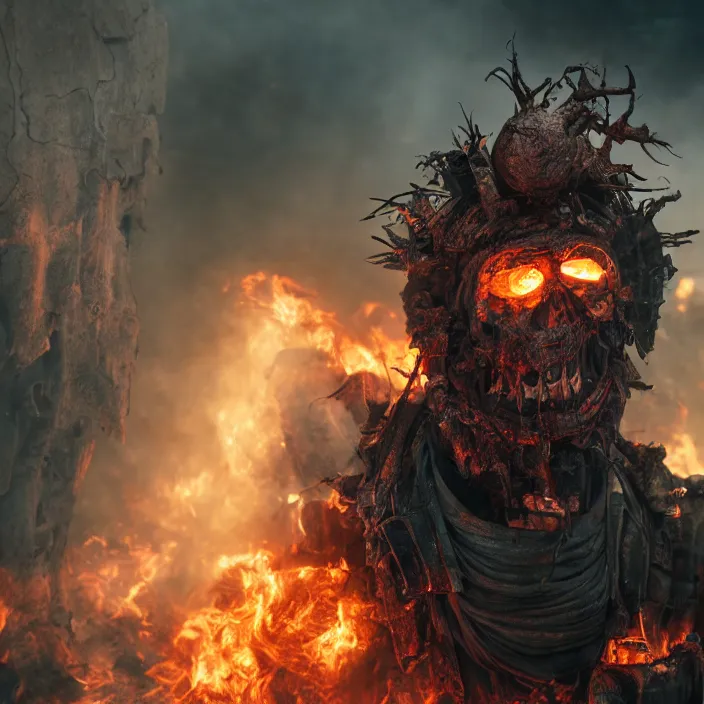 Image similar to gritty apocalyptic figure smiling with burning heart, octane render, 4 k ultra hd, hyper - detailed, seedy lighting, sharp focus, fantasy dark art