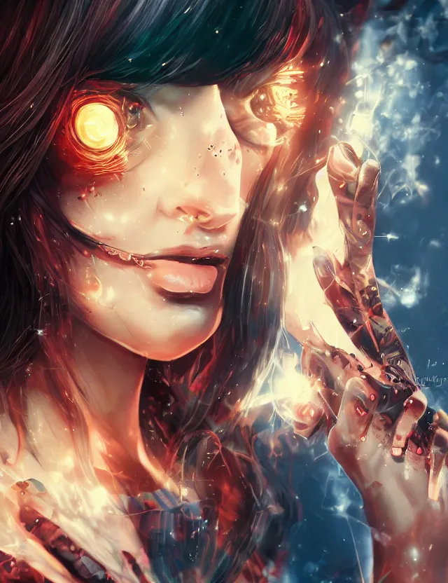 Image similar to digital illustration of a girl with eyes that burn like cigarettes wearing a short skirt and a long jacket with fingernails that shine like justice, dramatic lighting, photorealistic, extreme detail, 4 k, colorful, artgerm