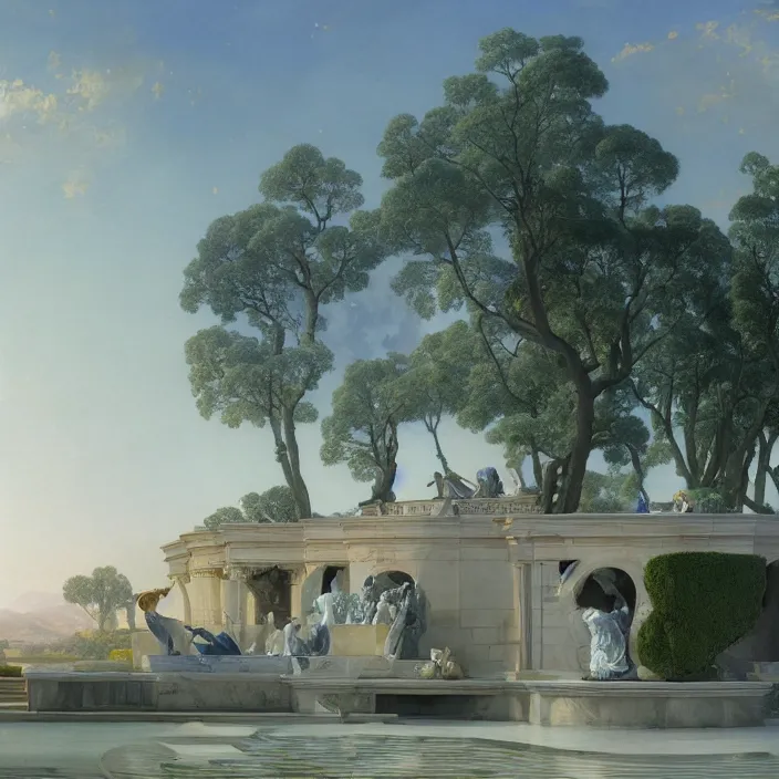 Prompt: gardens of marble draped in flowing sheets of cobalt blue satin and silver satin, by ivan aivazovsky and syd mead and moebius and joseph wright and roger dean and pieter claesz and paul delaroche and alma tadema and august malmstrom and caspar david friedrich and hans gude and aelbert cuyp, hyperrealistic, volumetric light, octane render