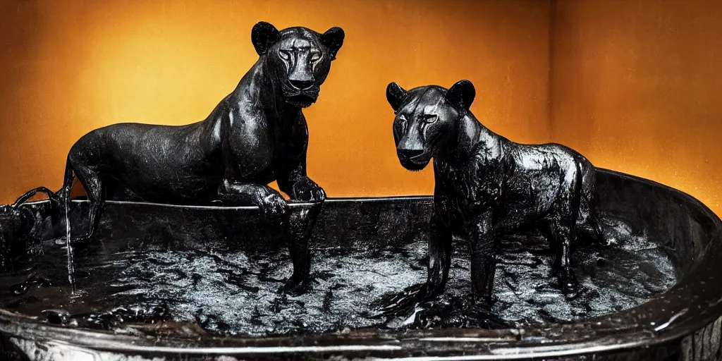 Prompt: a black lioness made of ferrofluid bathing inside the bathtub full of tar, covered with tar. dslr, photography, realism, animal photography, color