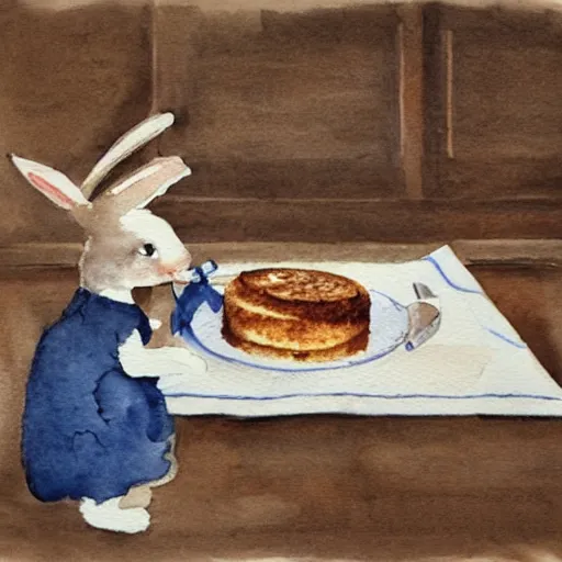 Image similar to a rabbit putting a cake into the oven in a beautiful french rustic kitchen, realistic watercolour