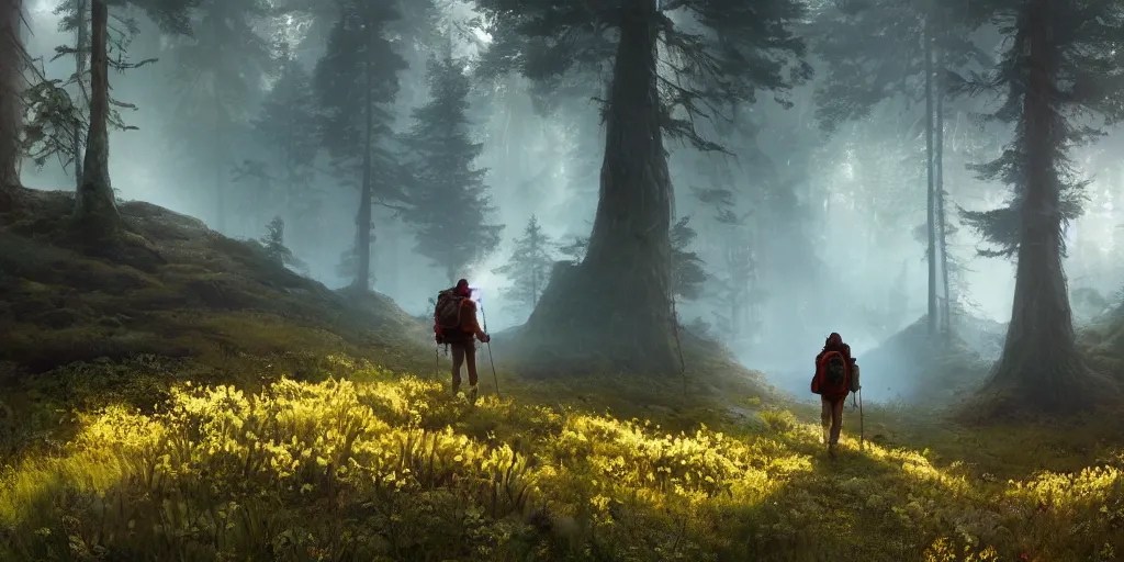 Prompt: a hiker with backpack hikes through a fantasy giant mushroom forest, first light, mountains, meadow, wildflowers, heard of elk, clouds, dramatic lighting, sunrise, by greg rutkowski and jeffrey smith, trending on artstation