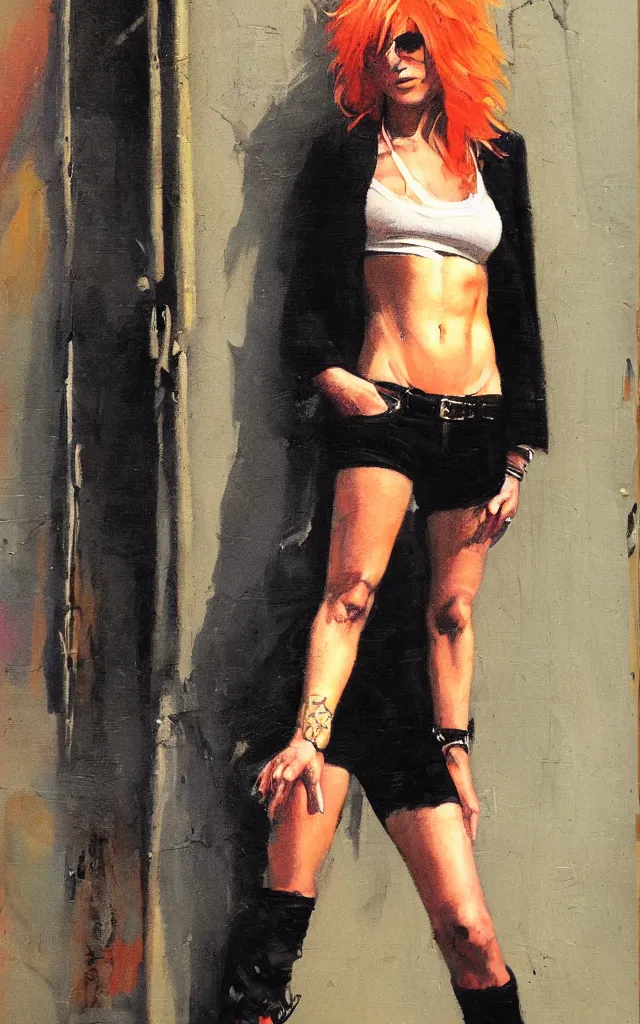 Image similar to full body portrait of an androgynous glam rocker outside cbgb in the style of phil hale, sfumato