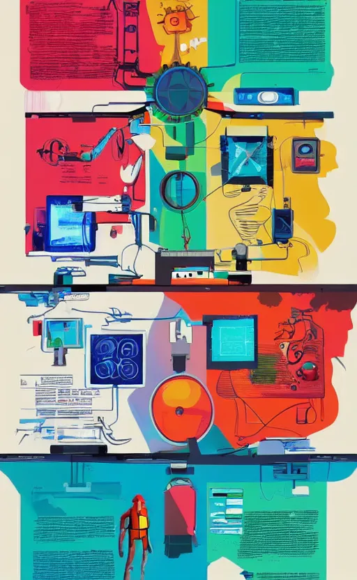 Prompt: the evolution of technology, artistic, illustrator, colourful