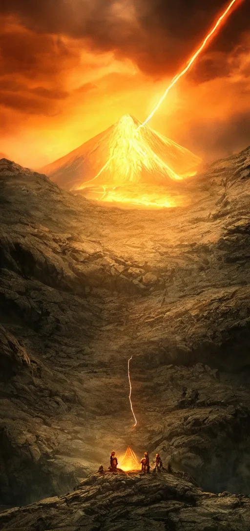 Image similar to Frodo throwing the ring of power into the fires of Mount Doom, dynamic lighting, cinematic, establishing shot, extremely high detail, photorealistic, cinematic lighting, post processed, concept art, artstation, matte painting