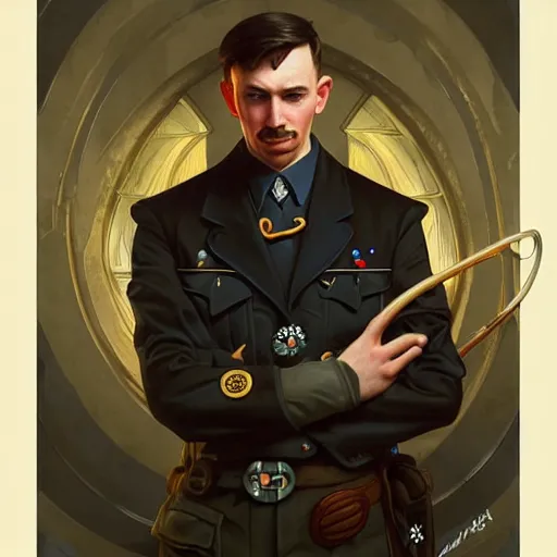 Image similar to portrait of mickey mouse as hitler youth, ethereal, handsome, d & d, fantasy, intricate, elegant, highly detailed, digital painting, artstation, concept art, matte, sharp focus, illustration, art by artgerm and greg rutkowski and alphonse mucha