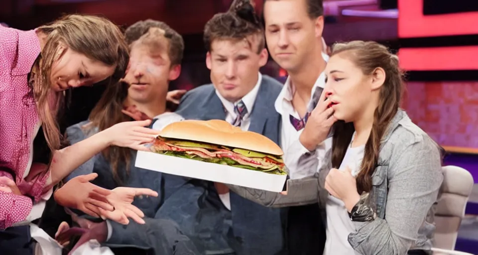 Image similar to girl opens briefcase to reveal a subway sandwich on deal or no deal, contestant is crying, photograph