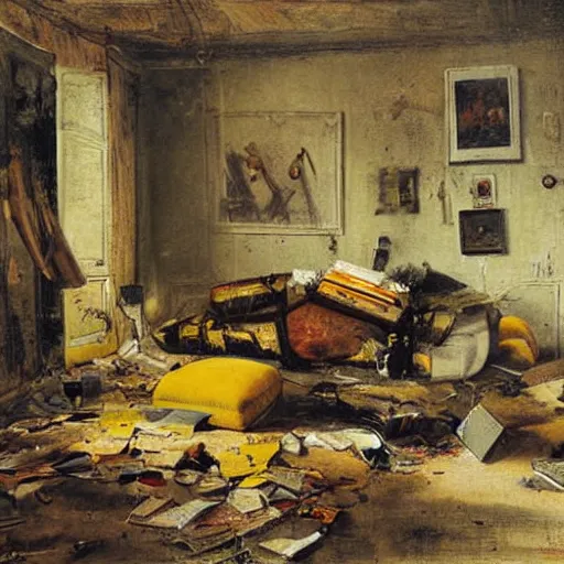 Image similar to by hendrick avercamp, by sabbas apterus warm yellow extemporaneous. a street art of a room that is wrecked, furniture overturned, belongings strewn about, & debris everywhere. the only thing left intact is a photograph on the wall shows a tidy, well - appointed space, with everything in its place.