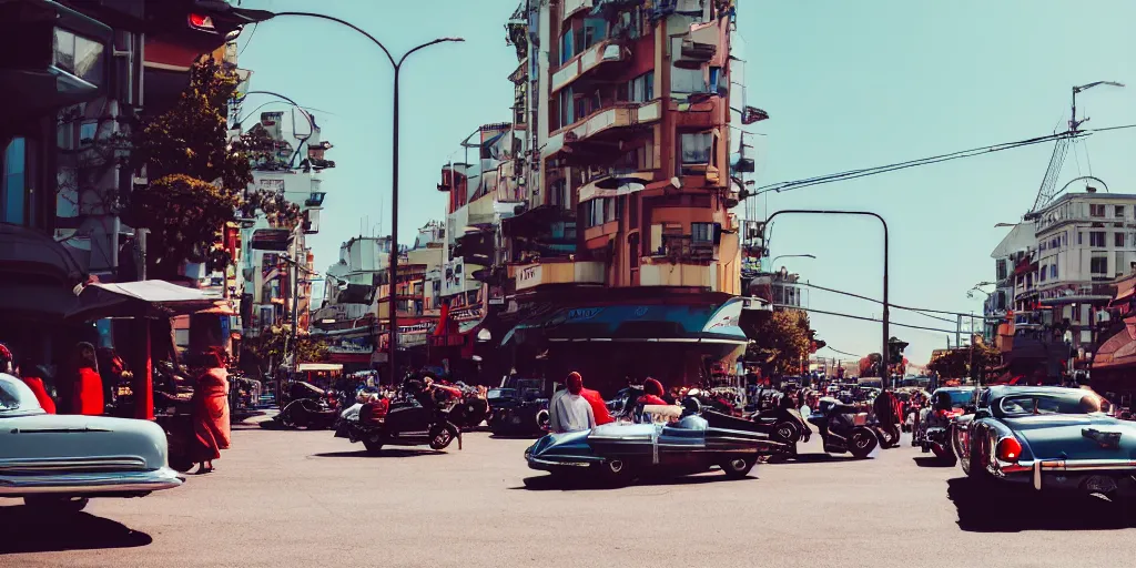 Image similar to low angle wide shot, street scene, retro futuristic vintage shiny polished traffic mainly cars and motorcycles, volumetric lighting, beautiful, day time, spring, sunny weather, sharp focus, highly detailed, photorealistic, 4 0 0 0 k, f 1. 4, cgsociety