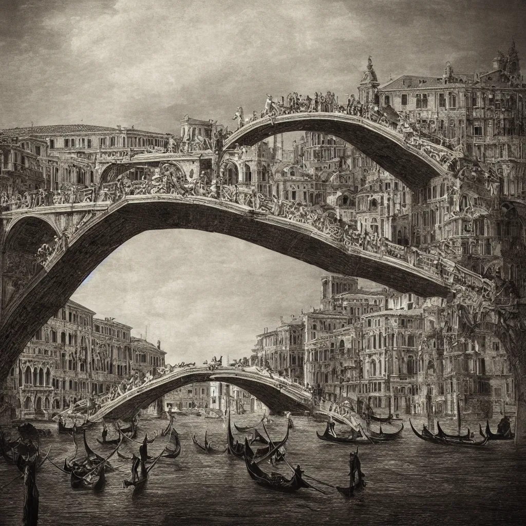 Image similar to the bridges of venice by piranesi, composition, cinematic, rule, grid