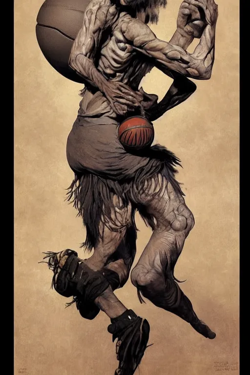 Image similar to surreal 4k HD digital full body portrait of humanoid basketball, white hair mohawk, black paper, b-ball monster, arms and legs on spherical humanoid creature, basketball pustules, by Alphonse Mucha, Craig Mullins, Marc Simonetti, Artstation