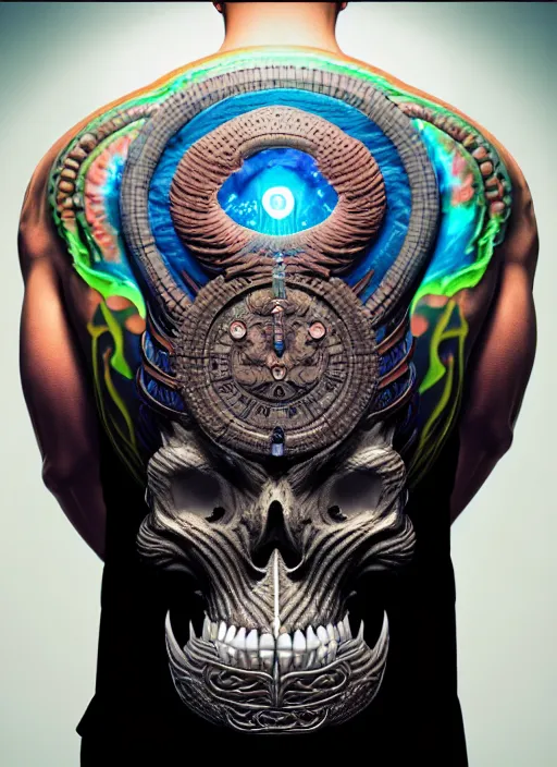 Image similar to 3 d shaman with tattoos profile portrait, sigma 5 0 0 mm f / 5. beautiful intricate highly detailed quetzalcoatl skull and feathers. bioluminescent, plasma, lava, ice, water, wind, creature, thunderstorm! artwork by tooth wu and wlop and beeple and greg rutkowski, 8 k trending on artstation,