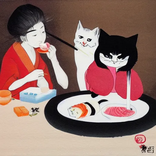 Image similar to Angry girl eats sushi while her jealous cat is watching, painting by Yoshitomo Nara