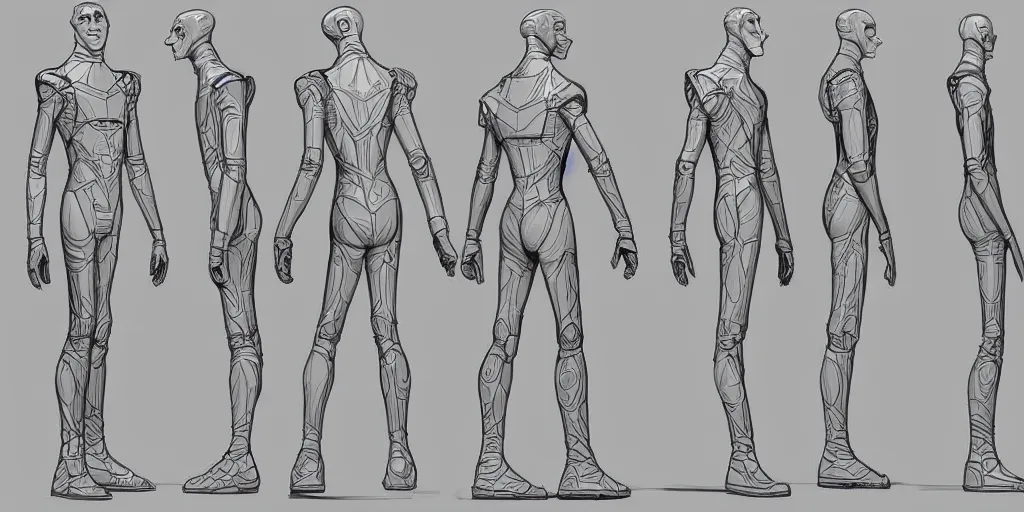 Prompt: male, elongated figure, space suit, large shoulders, short torso, long thin legs, cartoon proportions, tiny feet, character sheet, digital sketch, very stylized, concept design, by jean giraud