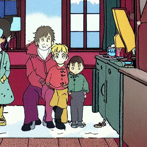 Image similar to still from home alone (1990) in studio ghibli style