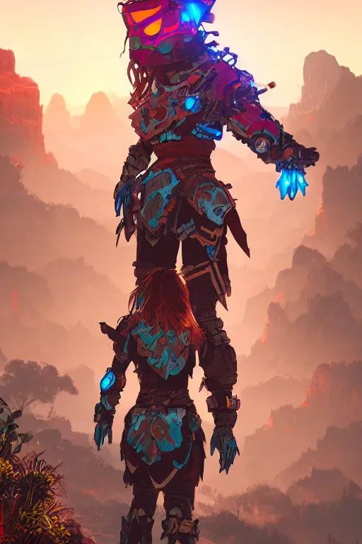 Image similar to combination suit armor aloy horizon forbidden west horizon zero dawn radiating a glowing aura global illumination ray tracing hdr fanart arstation by ian pesty and alena aenami artworks in 4 k tribal robot ninja mask helmet backpack