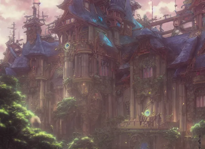 Prompt: pagan building, anime, studio ghibli, concept art, mucha, unreal engine, peter mohrbacher, makoto shinkai, 8 k, art nouveau, castle, japanese mythology, elegant