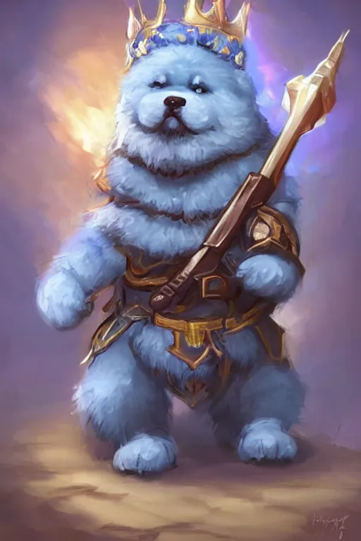 Image similar to cute anthropomorphic blue tong chow chow knight wearing a cape and a crown and holding a sniper, tiny, small, miniature chow chow, baby animal, short, pale blue armor, cute and adorable, pretty, beautiful, DnD character art portrait, matte fantasy painting, DeviantArt Artstation, by Jason Felix by Steve Argyle by Tyler Jacobson by Peter Mohrbacher, cinematic lighting