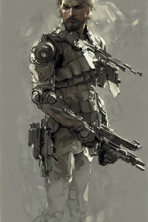 Image similar to A full portrait of a metal gear solid soldier, intricate, elegant, highly detailed, digital painting, artstation, concept art, smooth, sharp focus, illustration, art by Krenz Cushart and Artem Demura and alphonse mucha