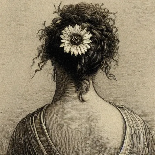 Prompt: extreme close-up, portrait of a beautiful french woman from behind with a single flower in head, Gustave Dore lithography