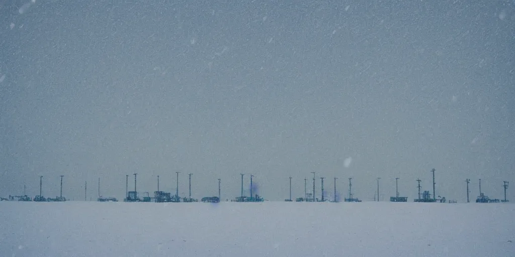 Image similar to photo of mongolian steppe during a snowstorm. three oil derricks in midground. cold color temperature. blue hour morning light, snow storm. hazy atmosphere. humidity haze. kodak ektachrome, greenish expired film, award winning, low contrast.