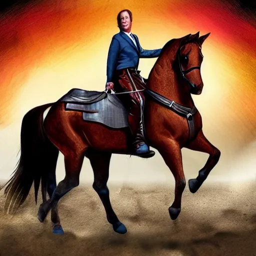 Image similar to saul goodman riding a horse while holding a sword, digital art, high rated, realistic