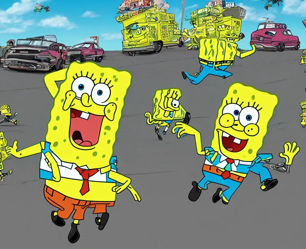 Prompt: Highly detailed image of spongebob squarepants running from the police, high speed chase, animated