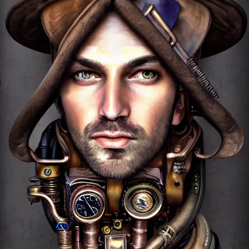 Prompt: portrait of kevin parker, face to camera, steampunk art, realistic face,, super high detail, super high quality, talented artist, trending on artstation, machinarium