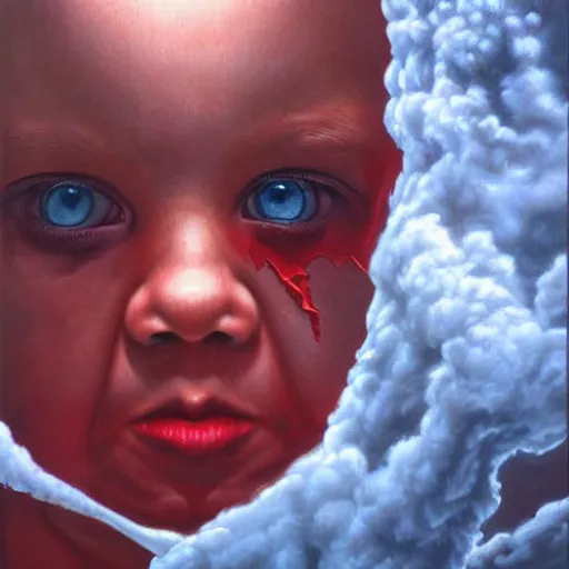 Image similar to a running child turning into vapor, mist, smoke, blood, scissors in hand, a detailed matter painting by Jason Edmiston