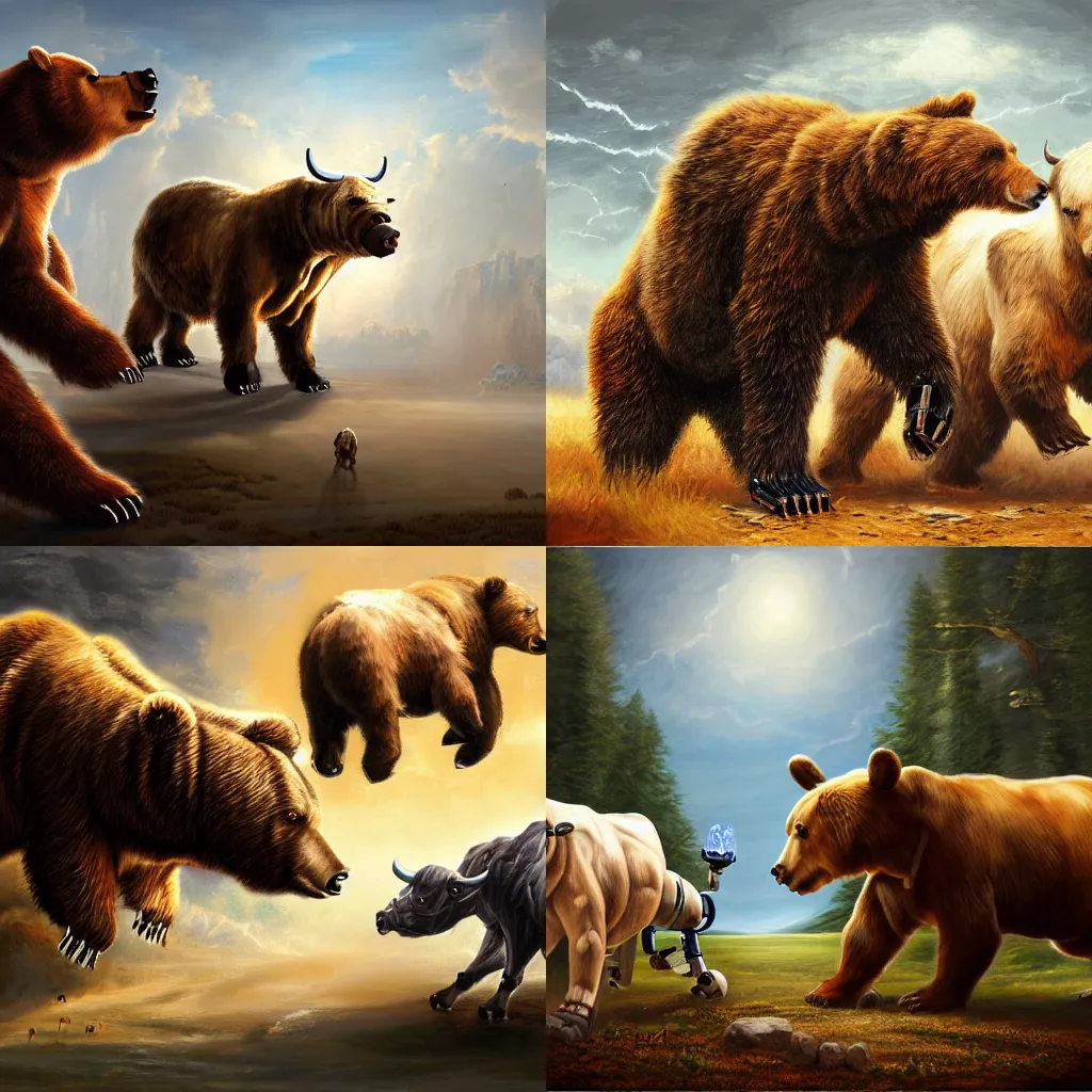 Prompt: illustration of a robotic bear fighting with a robotic bull, realistic painting, classical painting, high definition, digital art, matte painting, very detailed, realistic