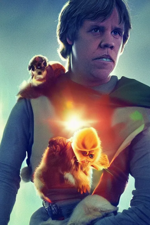 Prompt: colorful full body shot of luke skywalker carrying gizmo in his shoulders, trending on artstation, trending on deviantart ,cinematic backlighting, 8k, symmetrical, correct proportions, hyper detail, studio disney