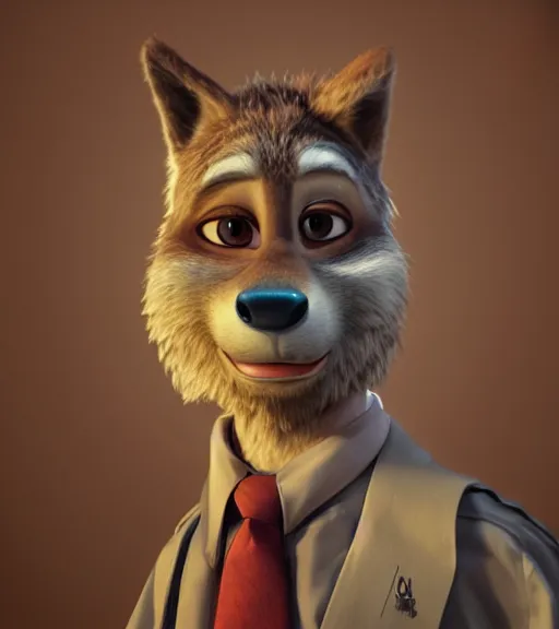 Image similar to a film still from the movie zootopia main character portrait anthro anthropomorphic wolf head animal person fursona wearing suit and tie pixar disney dreamworks animation sharp rendered in unreal engine 5 octane key art by greg rutkowski bloom dramatic lighting modeling expert masterpiece render