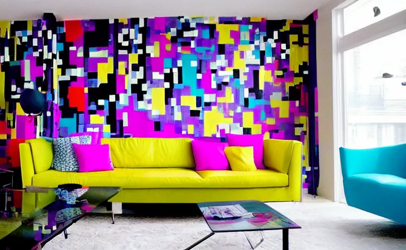 Image similar to New Wave living room interior, 1980s design, couch, retro futuristic, magenta, yellow, cyan, black and white patterns, modernist, bright, large windows