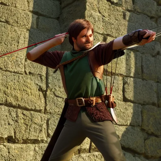 Prompt: robin hood aiming his bow and arrow towards the shining sun, highly detailed, extremely high quality, hd, 4 k, 8 k, professional photographer, 4 0 mp, lifelike, top - rated, award winning, realistic, detailed lighting, detailed shadows, sharp, no blur, edited, corrected, trending