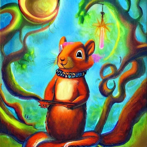 Prompt: a painting of a a whimsical squirrel mage by phil and kaja foglio