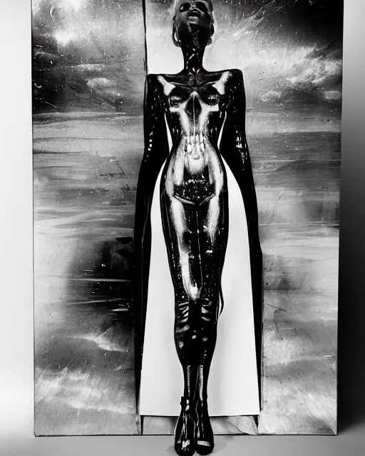 Prompt: a highly detailed unreal engine symmetric portrait of a long legged freaky goddess in a latex dress in an endless galaxy, boke, tilted frame, henry cartier bresson