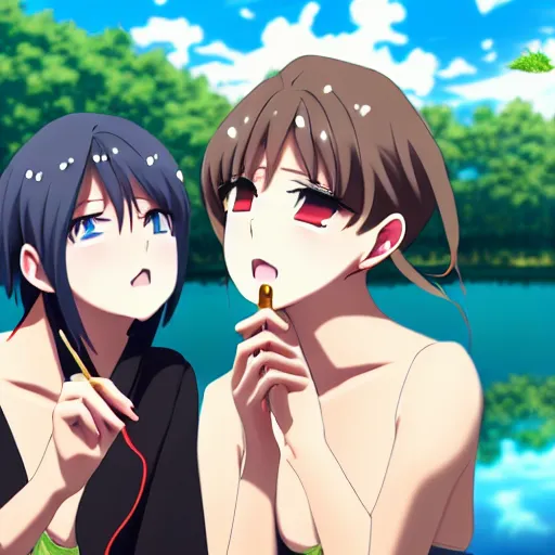 Image similar to two beautiful lesbian girls in love, smoking a weed joint with smoke, sitting in front of a lake, in the style of anime, close - up, highly detailed face, 4 k, artstation, intricate, elegant, highly detailed, lush, stylized, japanese, smooth