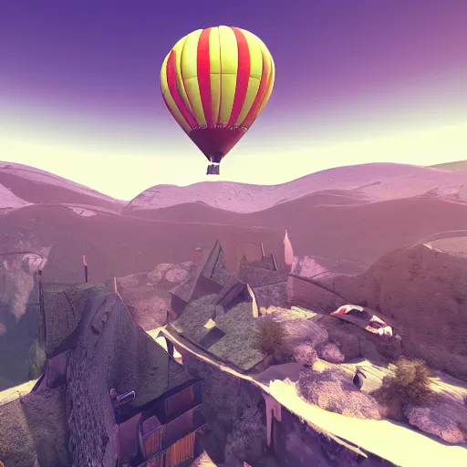 Image similar to hot air balloon carrying a hotel by H.P. Lovecraft, 8k, epic scene, scifi, unreal engine, masterpiece.