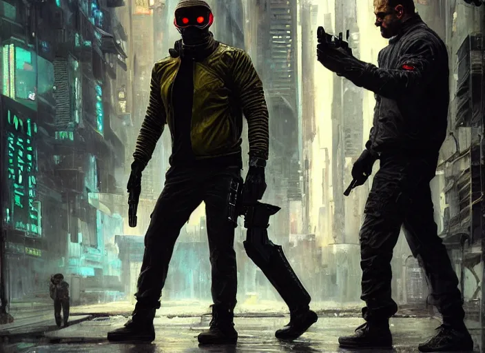 Prompt: cyberpunk sam fisher knocking out a guard ( blade runner 2 0 4 9, dystopian, cyberpunk 2 0 7 7 character design ). orientalist portrait by john william waterhouse and james gurney and theodore ralli and nasreddine dinet, oil on canvas. cinematic, hyper realism, realistic proportions, dramatic lighting, high detail 4 k